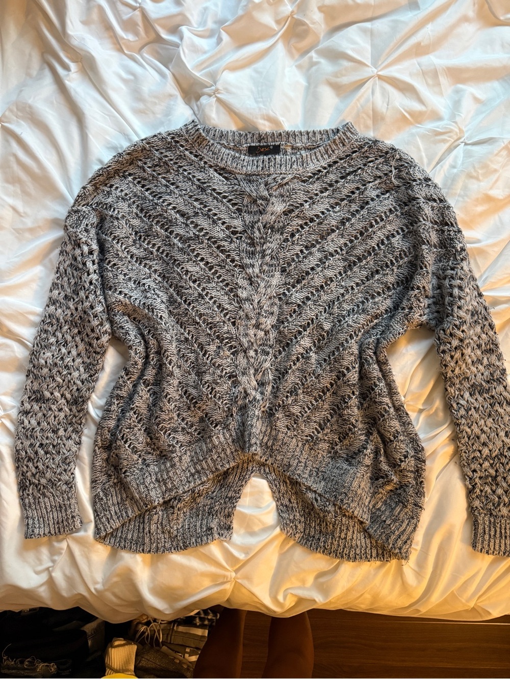 DEX Gray Pullover Womens Sweater Textured Open Knit Black Detail Crochet